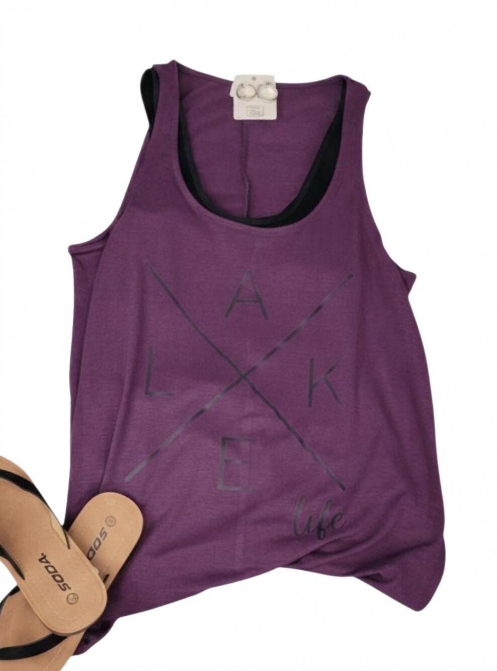 NEW ZENANA women's lake life graphic tank in eggplant